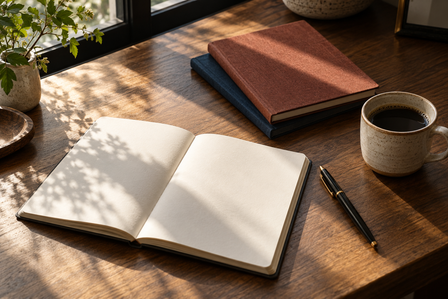 An open notebook, books, and coffee on a sunlit wooden desk